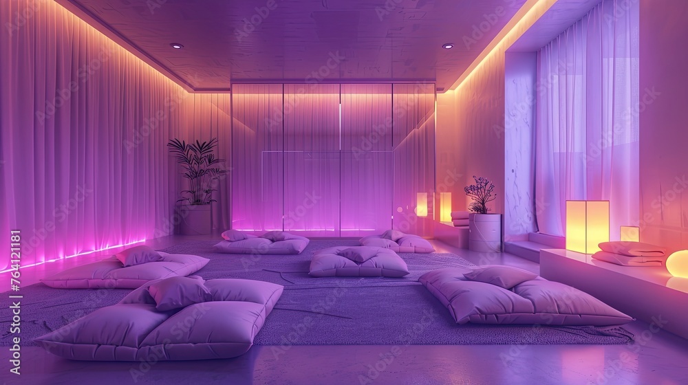 A peaceful meditation room with soft neon lavender lighting and minimalistic design A peaceful meditation room with soft neon lavender lighting and minimalistic design