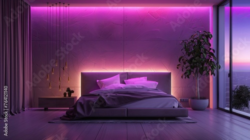 A minimalist bedroom with a neon violet headboard light and clean lines