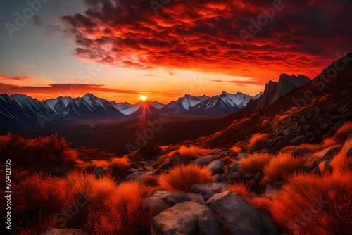 A dramatic sunset casting fiery hues over a rugged mountain range, painting the sky with vibrant colors.