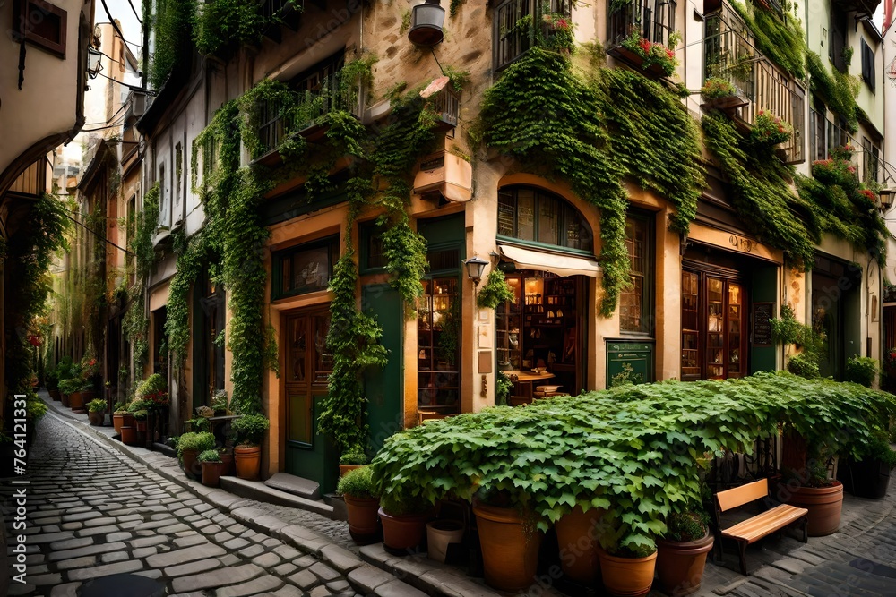 Fototapeta premium A quiet cobblestone street lined with quaint cafes, embraced by ivy-covered facades.