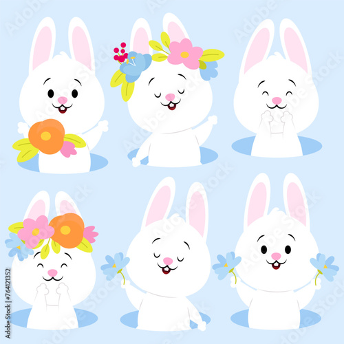Set of cute Easter white bunnies peeking out of a mink decorated with compositions with flowers