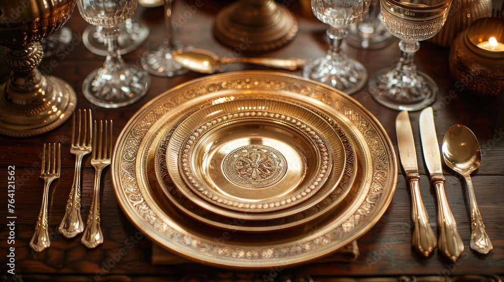 Sophisticated gold table setting for a lavish dinner party Sophisticated gold table setting for a lavish dinner party