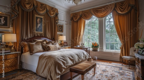 Opulent master bedroom with silk drapes and gold accents