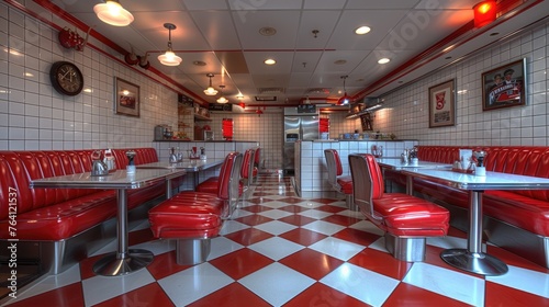 Retro 1950s diner themed kitchen with checkered flooring and classic booth seating photo