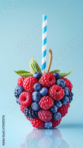 Fresh forest fruits berries in form of a raspberry glass or cup, with a straw. Isolated on blue background.