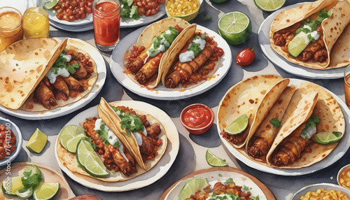 Watercolor Illustration Of Tacos Al Pastor Feast