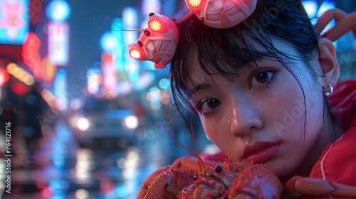 A captivating digital artwork of a girl with crabs and a neon-lit urban setting