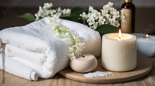 Spa beauty essentials on white wooden table for the ultimate relaxing treatment experience