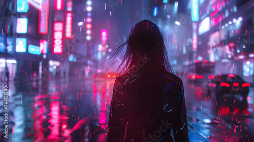 A mysterious woman stands surrounded by vibrant neon lights reflecting on wet streets, capturing a cyberpunk vibe
