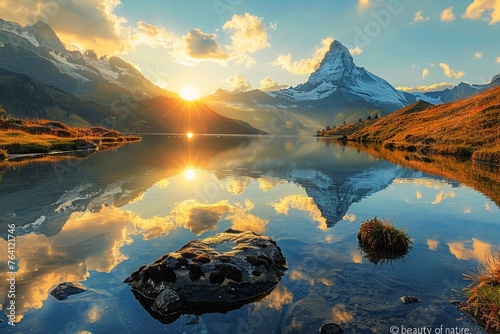 Wonderful view of Bachalpsee in the evening Lovely fall sunset in the Swiss Alps, Grindelwald in Bernese Oberland, background of the idea 