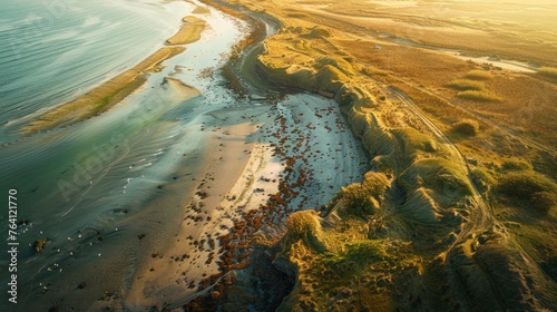 From the aerial view of pastures at the coastline, a sense of isolation and desolation pervades the landscape.
