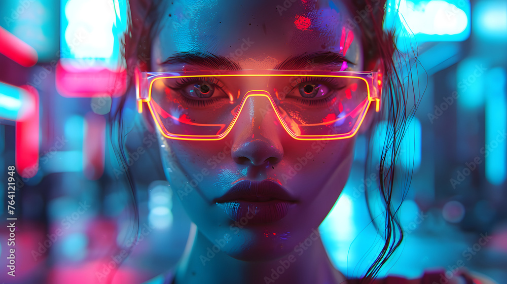 Striking digital artwork of a woman wearing neon glasses in a bokeh neon light environment