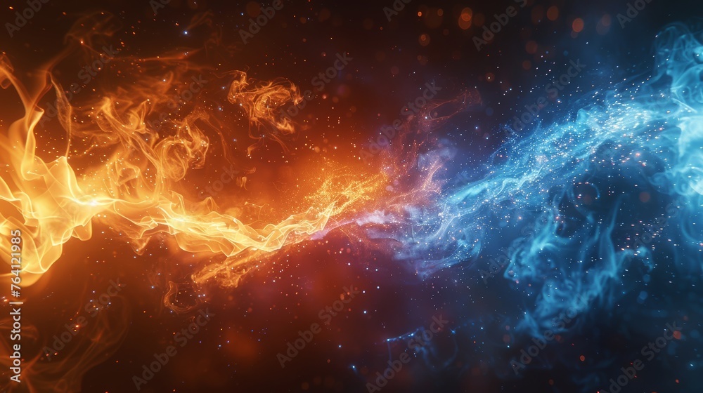 In this modern illustration, you will find VS screens for sport games, matches, tournaments, martial arts, and fight battles. A blue flame with sparks and glowing dust with an abstract magic effect. - obrazy, fototapety, plakaty 