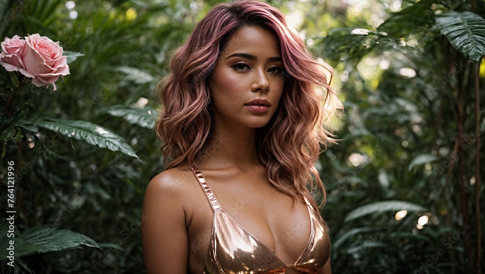 beautiful woman in satin bikini standing in a rose garden beautiful woman in satin bikini standing in a rose garden