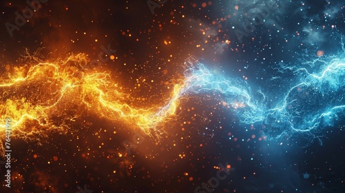 A blue vs yellow lightning thunderbolt collision, accompanied by a dazzling electric shock effect and flash of light. Power wave battle with pulsating impulse waves. Modern illustration.