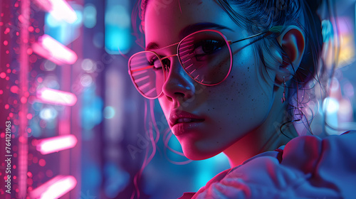 A woman's side profile with intricate neon reflections on her and a blurred city backdrop, expressing solitude