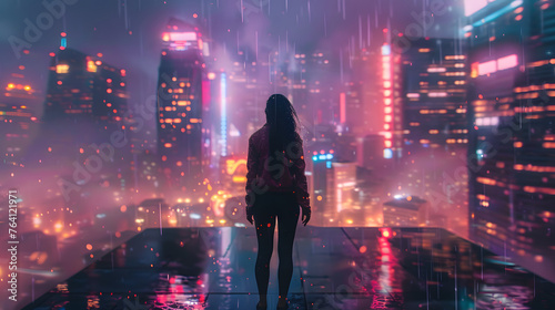 A lone figure looks out over a neon-drenched cityscape from a high vantage point, a sense of wonder and isolation