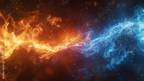 In this modern illustration, you will find VS screens for sport games, matches, tournaments, martial arts, and fight battles. A blue flame with sparks and glowing dust with an abstract magic effect. photo