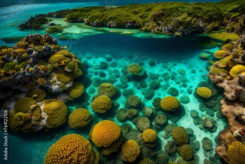 A hidden lagoon surrounded by vibrant coral reefs, hosting an array of colorful marine life beneath the surface.