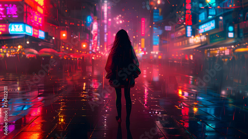 A mysterious woman stands alone in a futuristic neon-lit street, surrounded by urban lights and wet pavement