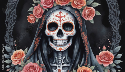 Watercolor Illustration Of La Santa Muerte With Floral Sugar Skull Grim Reaper