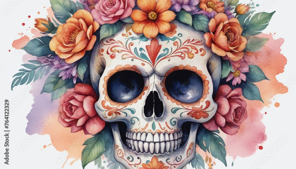 Watercolor Illustration Of Mexican Skull Adorned With Flowers