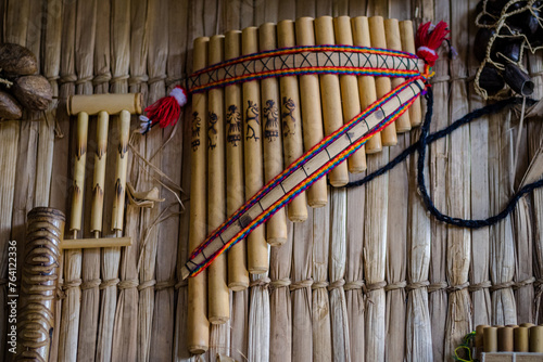 Sao Paulo, SP, Brazil - March 17 2024: Pan flute, traditional Peruvian instrument for Andean music details.