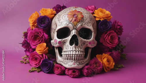 Photo Of Decorative Skull With Flowers On Magenta Background For Dia De Los Muertos