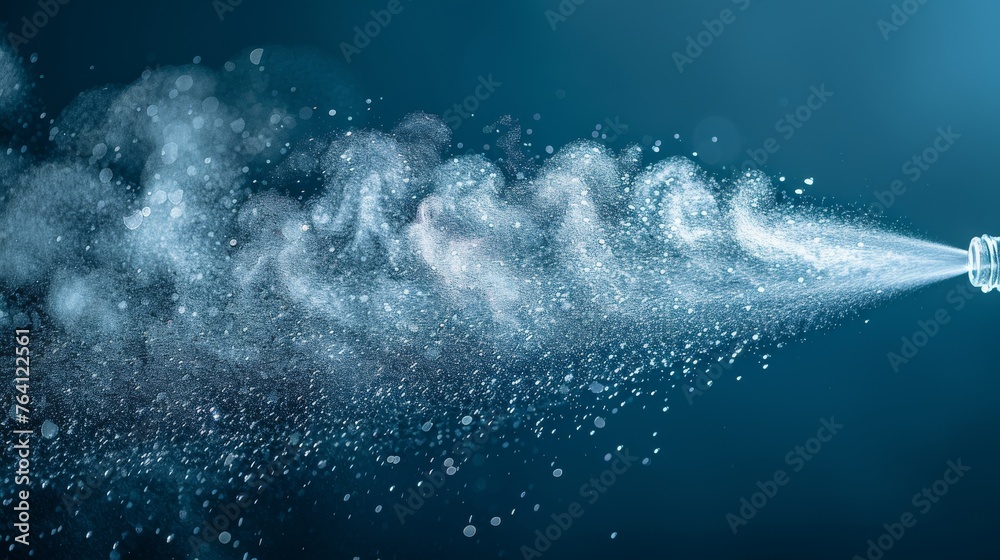 Spray of water from a bottle on a blue background. Intended for web sites, posters, cards, and wallpapers. Fog spray elements. - obrazy, fototapety, plakaty 