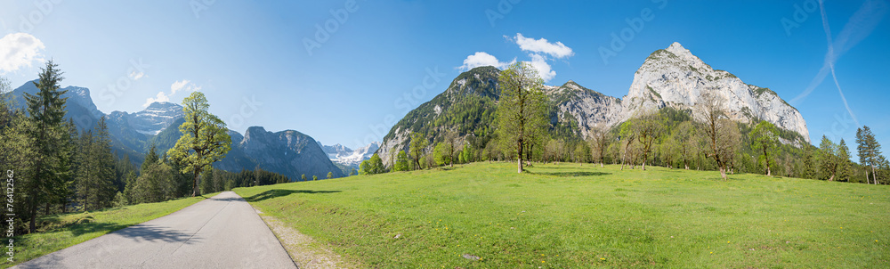 panoramic spring landscape austria, road at karwendel alps Ahornboden, tyrol
