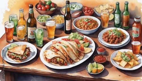 Watercolor Illustration Of Party Table With Mexican Food And Beer