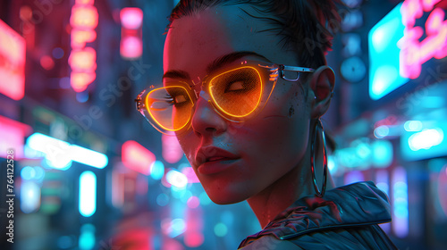 A digital image showcasing a trendy young woman with yellow-lens sunglasses against a vibrant neon urban landscape