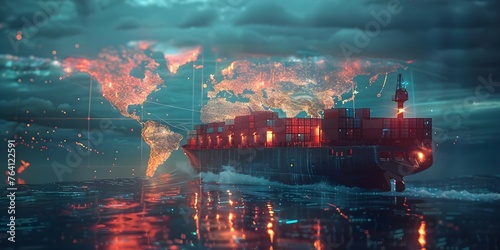Navigating Global Trade: A Futuristic Container Ship on a Digital World Map. Concept Global Trade, Container Ship, Futuristic Technology, Digital World Map, Navigating Supply Chains