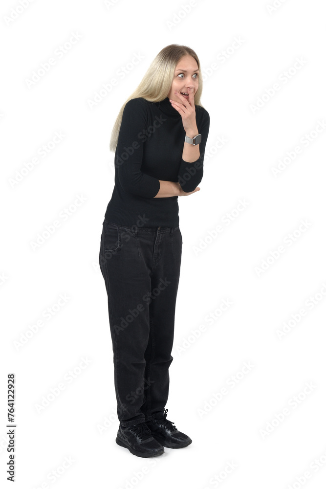 sideview of a woman showing a surprised attitude on white background sideview of a woman showing a surprised attitude on white background