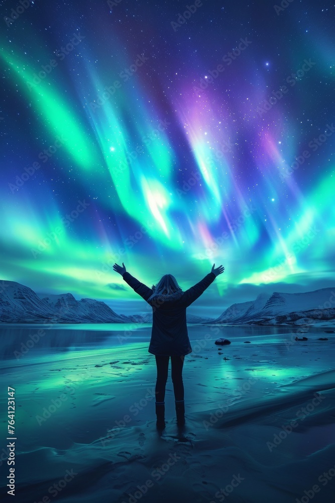 A person stands in snow field wow with beautiful aurora northern lights in night sky in winter.