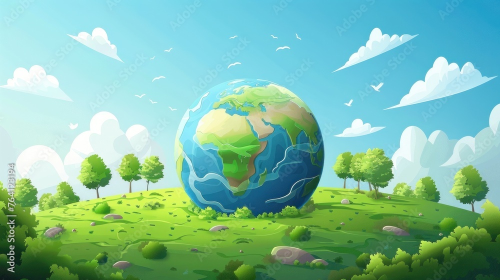 A playful cartoon representation of Earth, with rolling hills and a clear blue sky