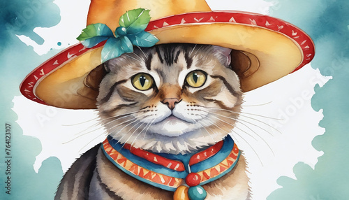 Watercolor Illustration Of Illustration Of Cat With Sombrero