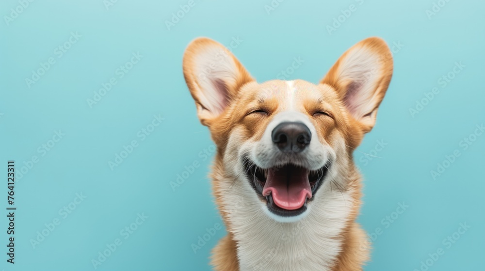 Happy puppy dog smiling on isolated light blue background, generative ai
