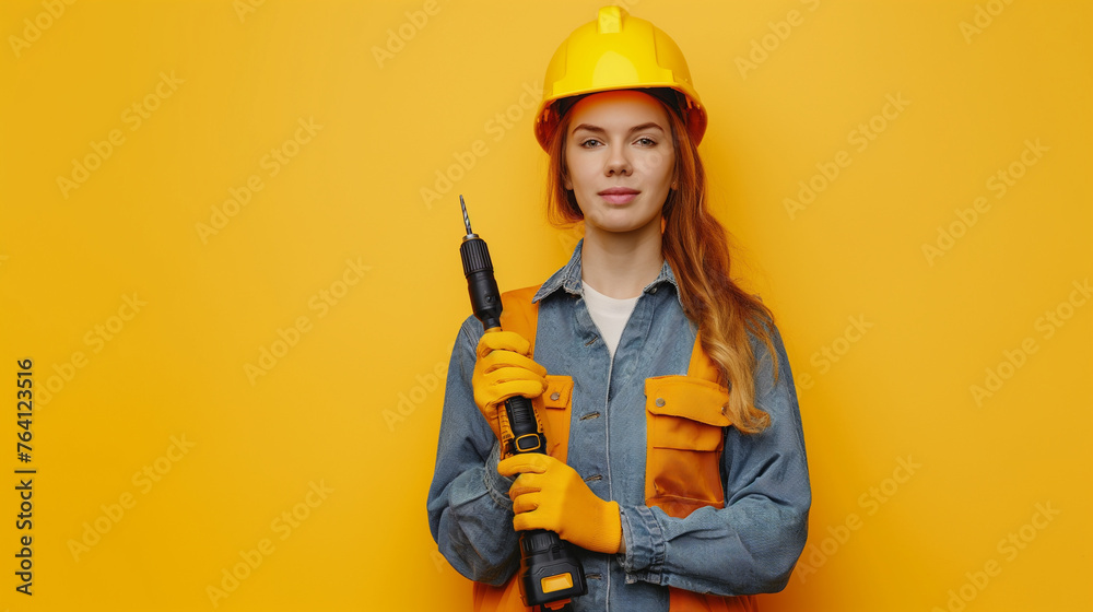 full length Young casual woman holding drill and wearing safety helmet on yellow color background professional photography.