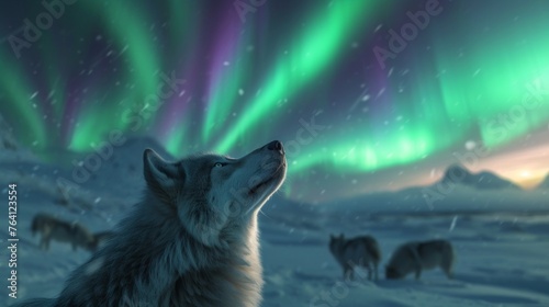 Wolves herd in wild snow field with beautiful aurora northern lights in night sky with snow forest in winter.