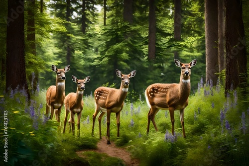 A family of deer gracefully navigating through a peaceful forest clearing, surrounded by lush greenery and wildflowers.