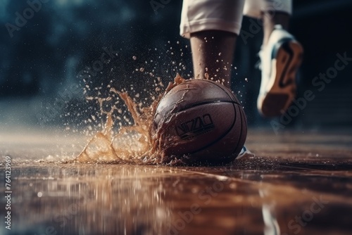Close-up shot of professional basketball player kicking ball in an intensely competitive game photo