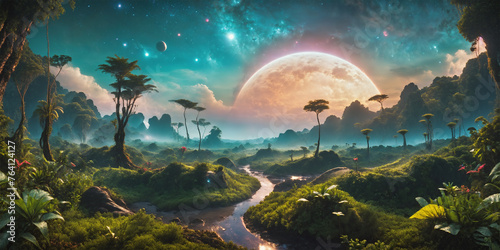 Jungle Exoplanet with a moon low in the sky. Alien World. © Marius Faust
