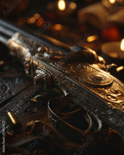 Close-up on the intricate woodwork of an antique firearm, perfect for a mystery game's puzzle piece clue, in dim candlelight