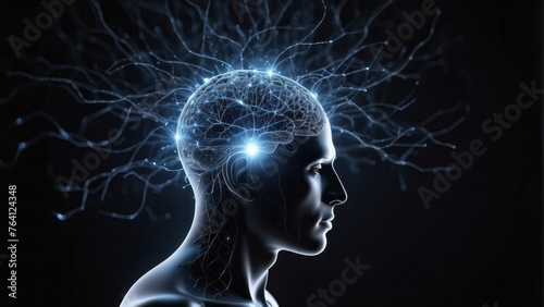 Human head with glowing neurons in brain