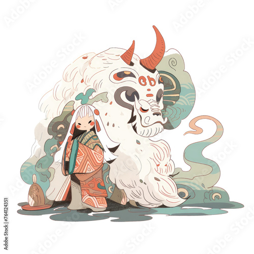 An illustration of a young girl with white hair and a mysterious giant monster with red horns
