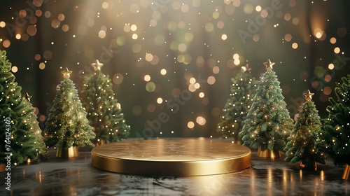 A golden podium with green Christmas trees on the sides, against a dark background with lights and glitter effects. The podium is illuminated by soft light from above, creating a warm atmosphere.