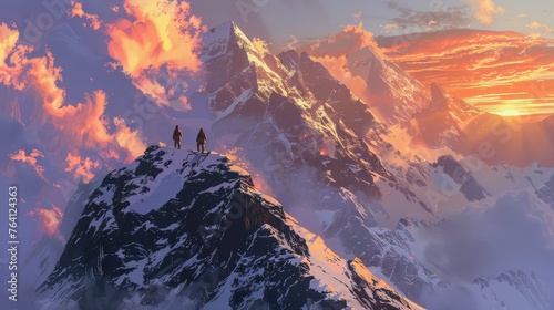 Companions gaze at dusk-kissed mountains, a pause in the climb to embrace the view