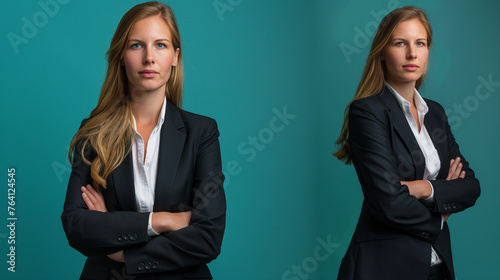 Multiple image of well-dressed businesswoman on teal color background professional photography