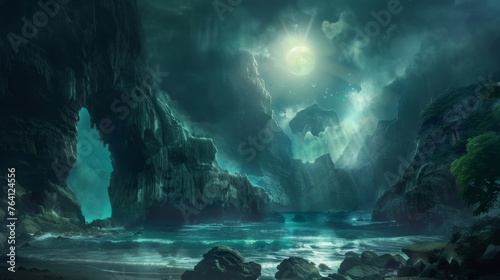 A fantasy cove with hidden treasure, illuminated by moonlight piercing through mist photo